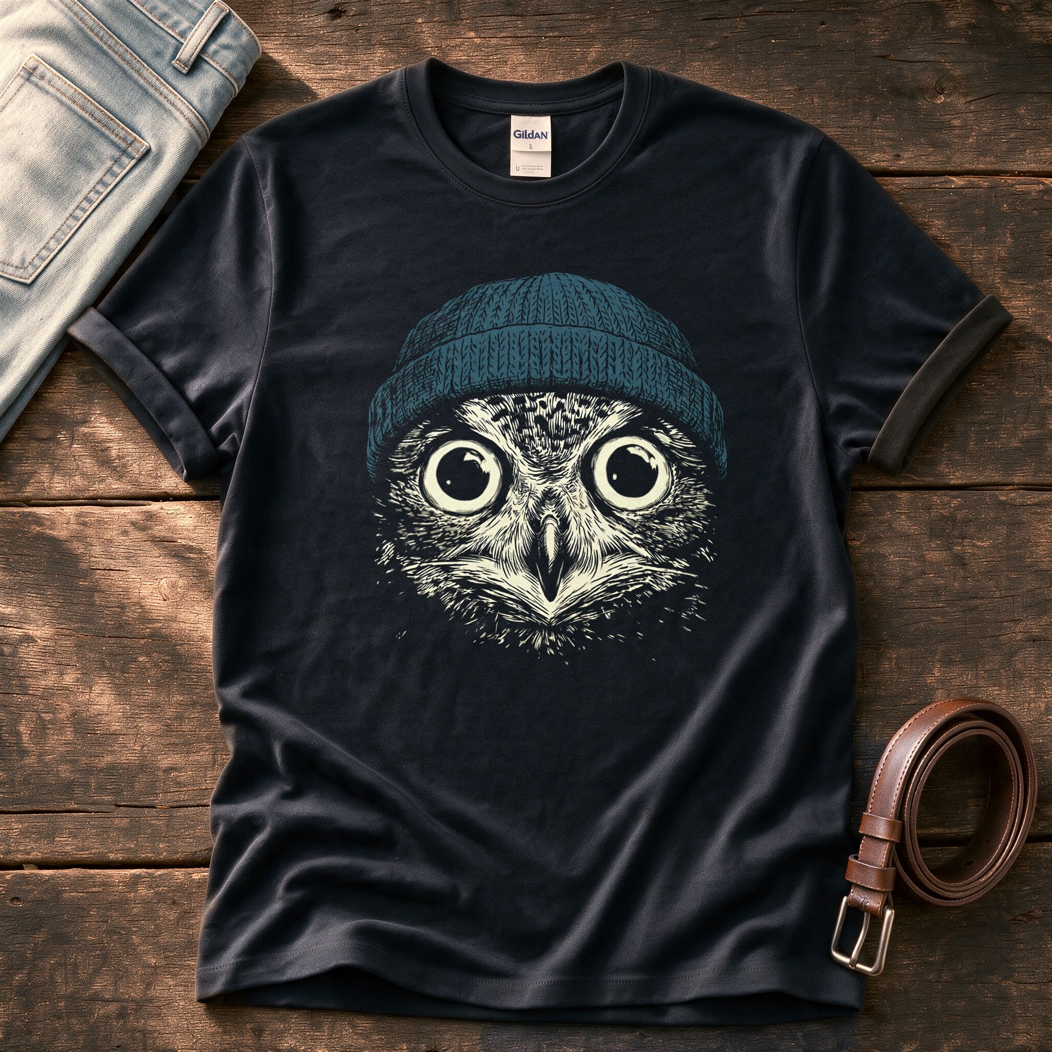 Blue Beanie Owl — Black Comfort Colors tee