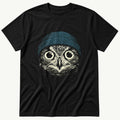 Blue Beanie Owl — Black T-Shirt