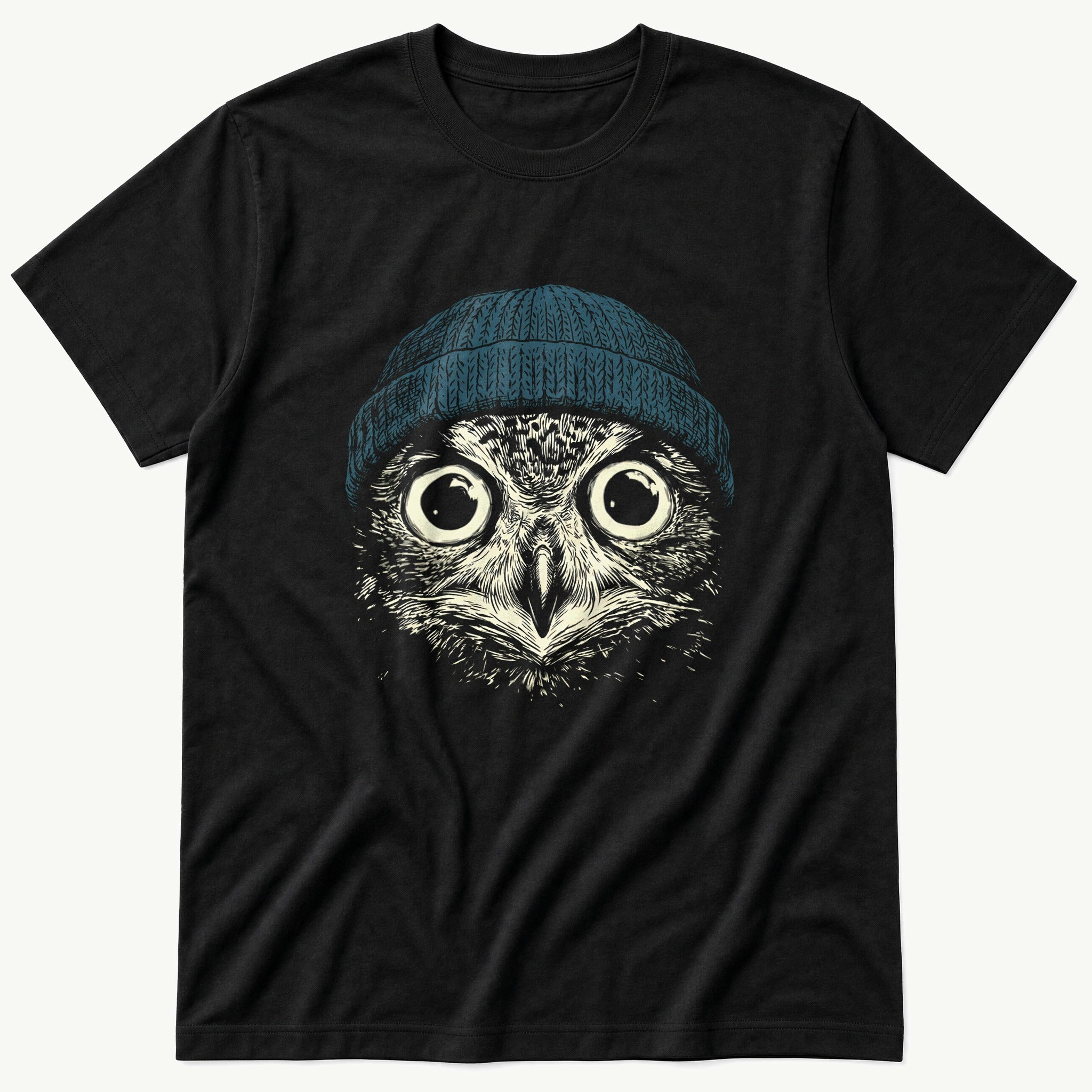 Blue Beanie Owl — Black T-Shirt