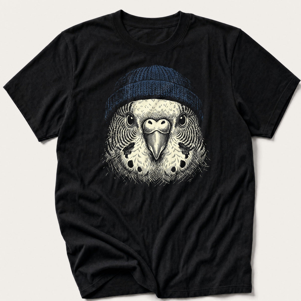 Budgie Beanie 4 — Black T-Shirt