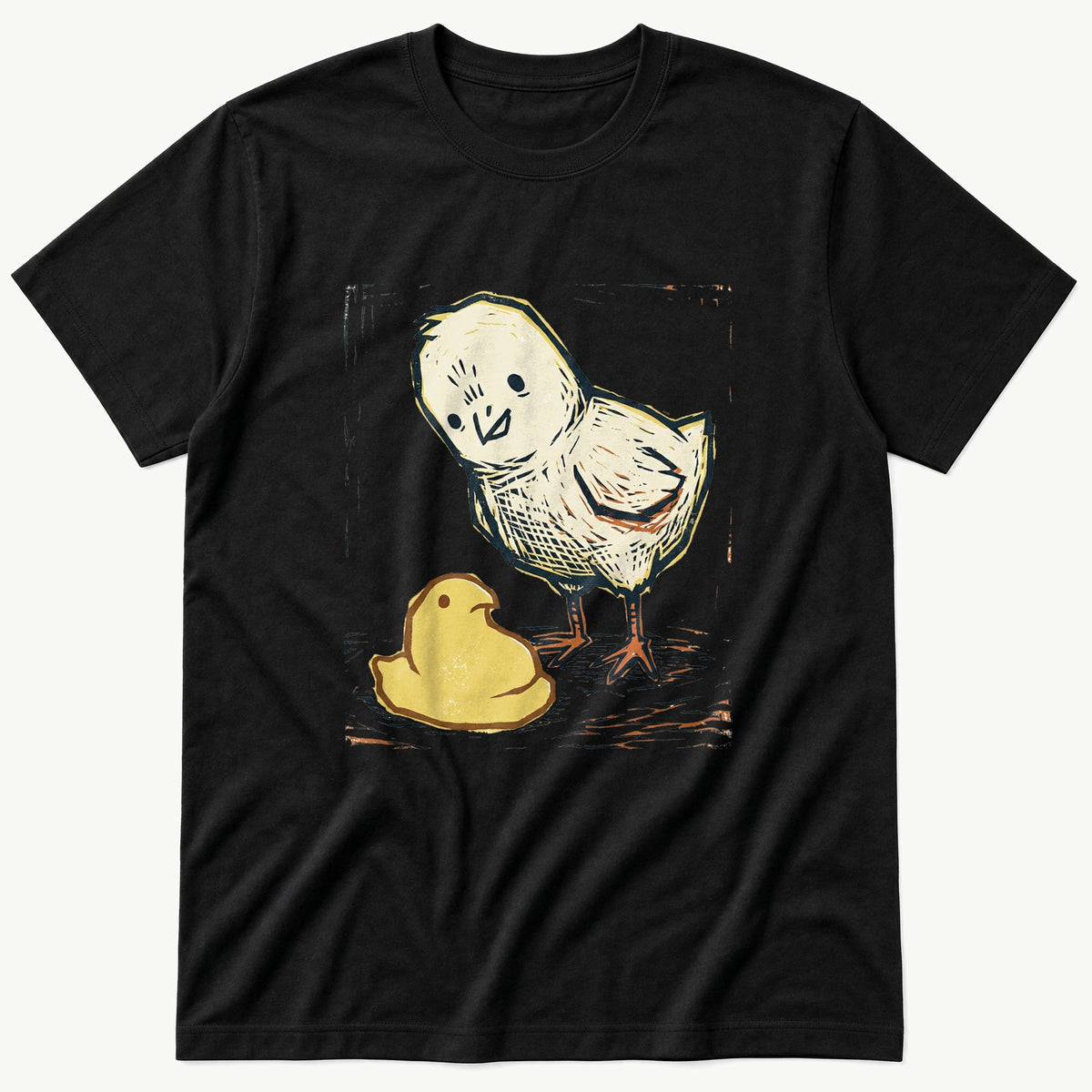 Chick Peep Woodcut — Black T-Shirt