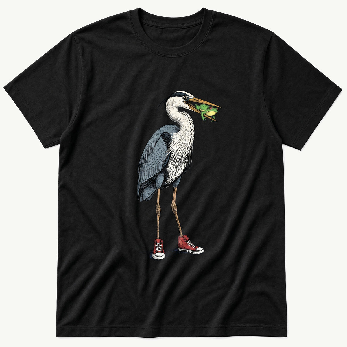Crane With Frog 5 — Black T-Shirt