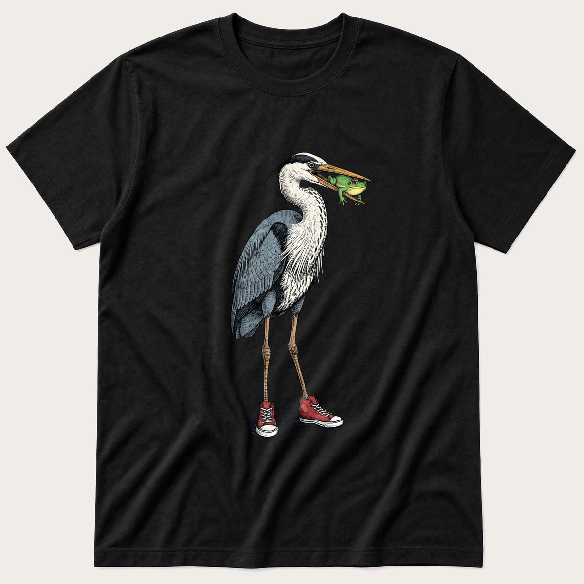 Crane With Frog 5 — Black T-Shirt