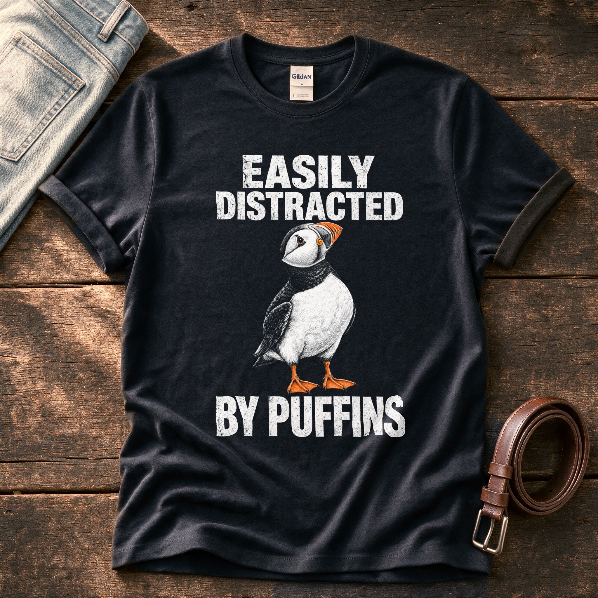 Distracted By Puffins — Black Comfort Colors tee