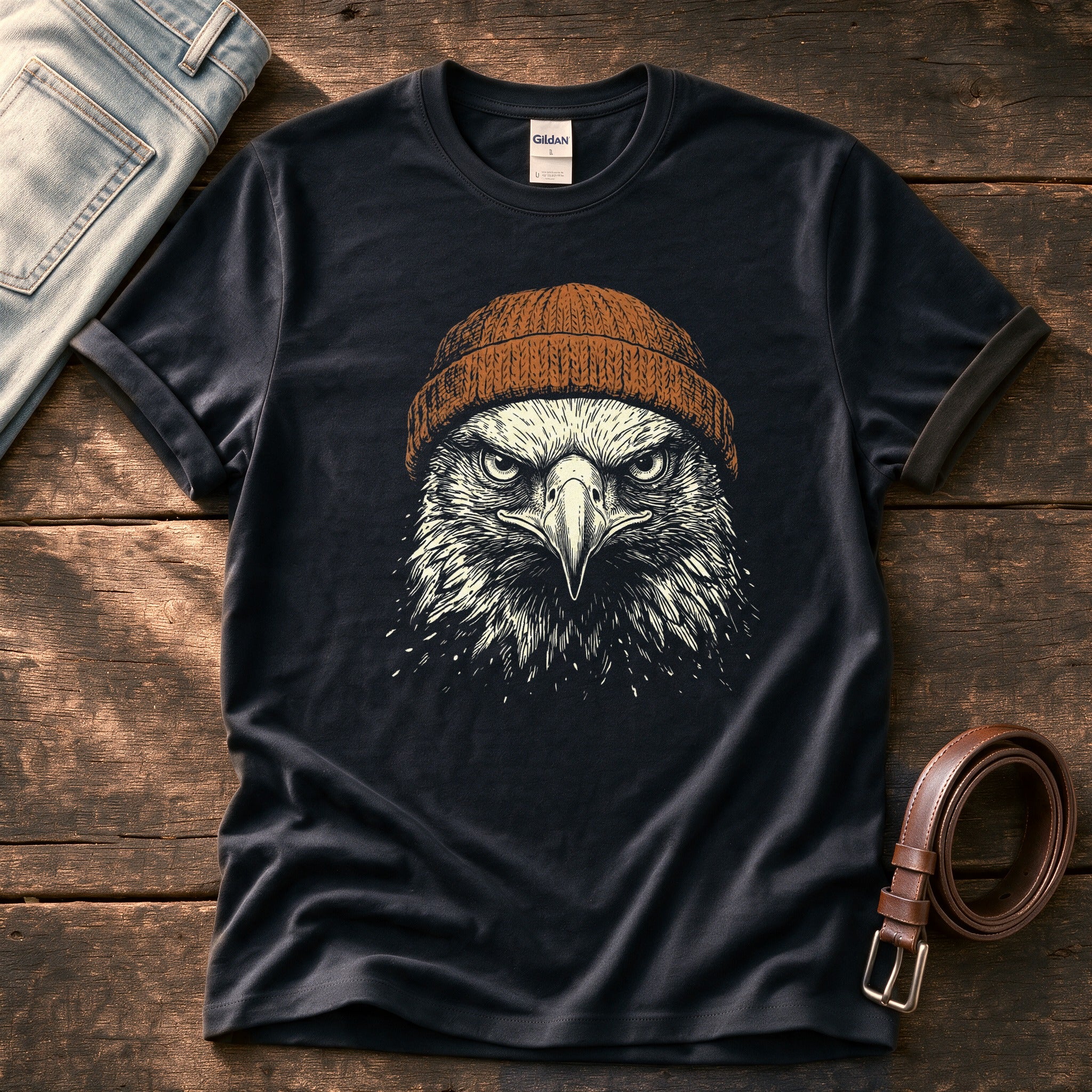 Eagle Beanie 55 — Black Comfort Colors tee