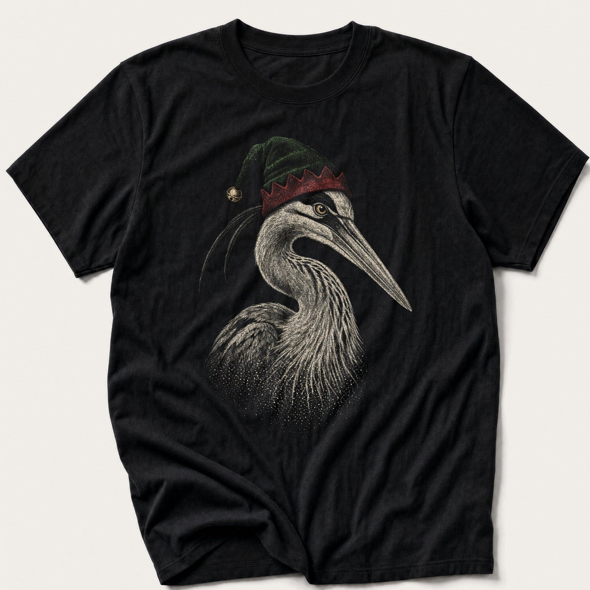 Elf Hat Heron — Black T-Shirt