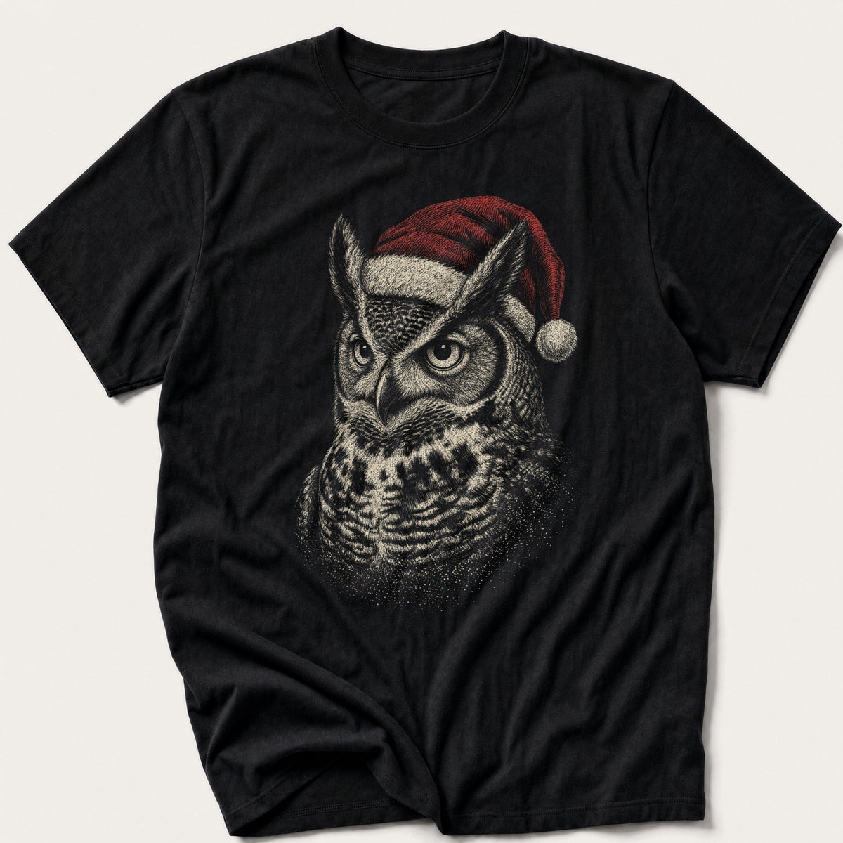 Etched Santa Owl — Black T-Shirt