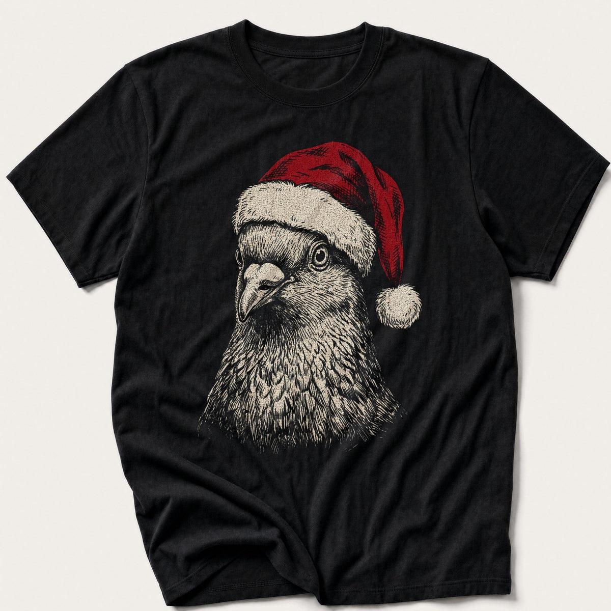 Etched Santa Pigeon Portrait — Black T-Shirt
