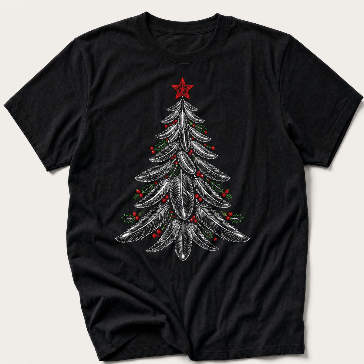 Feather Christmas Tree — Black T-Shirt