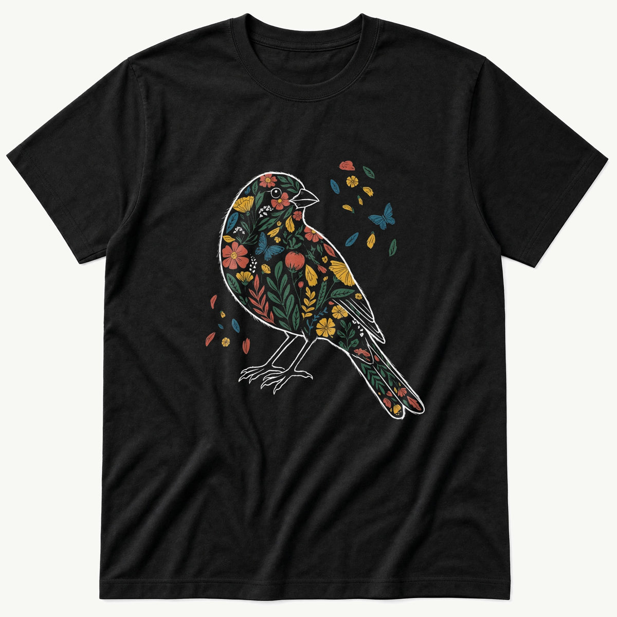 Floral Bird — Black T-Shirt