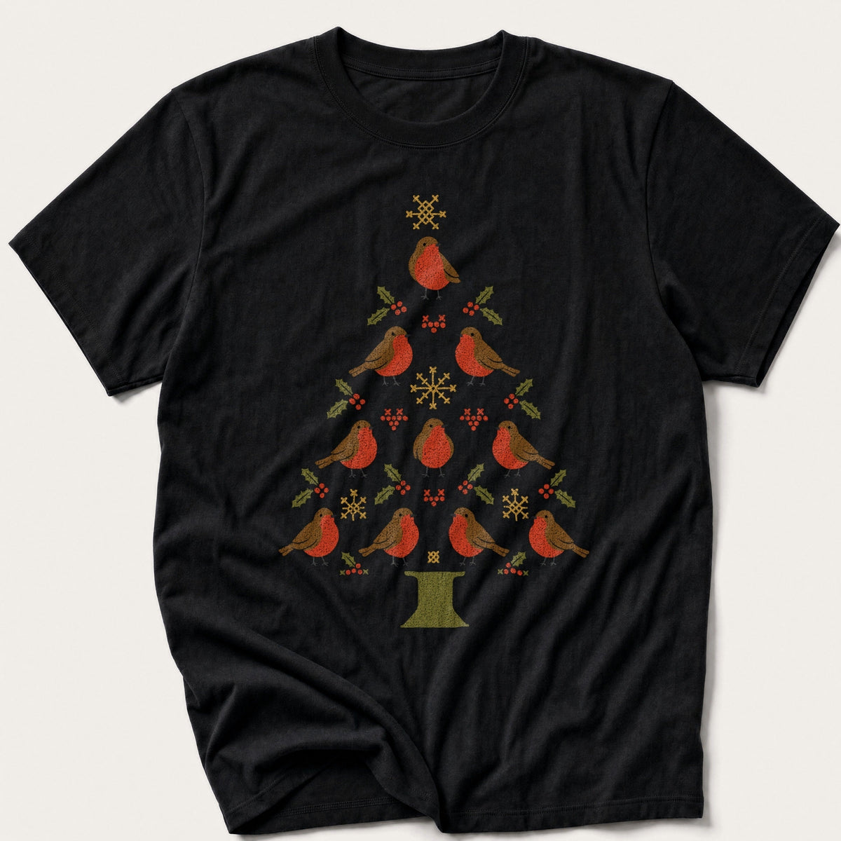 Folk Robin Christmas Tree — Black T-Shirt