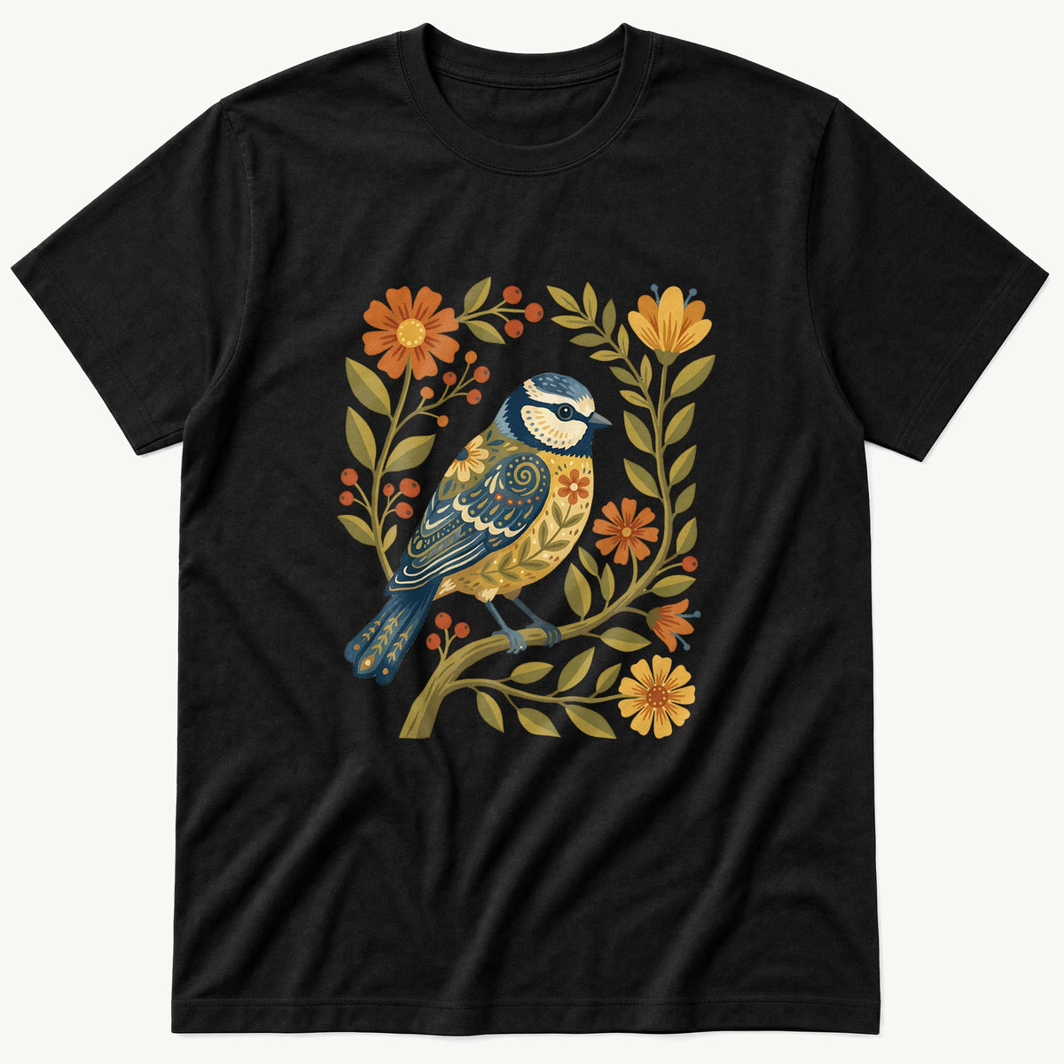 Folk Style BlueTit V2 — Black T-Shirt