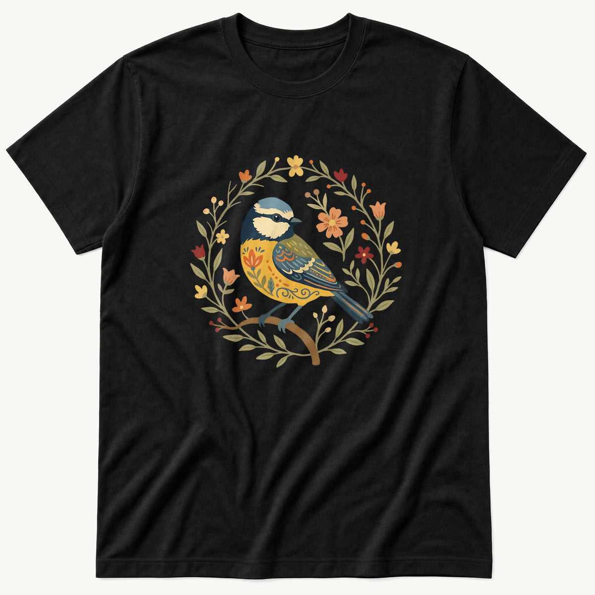 Folk Style BlueTit — Black T-Shirt