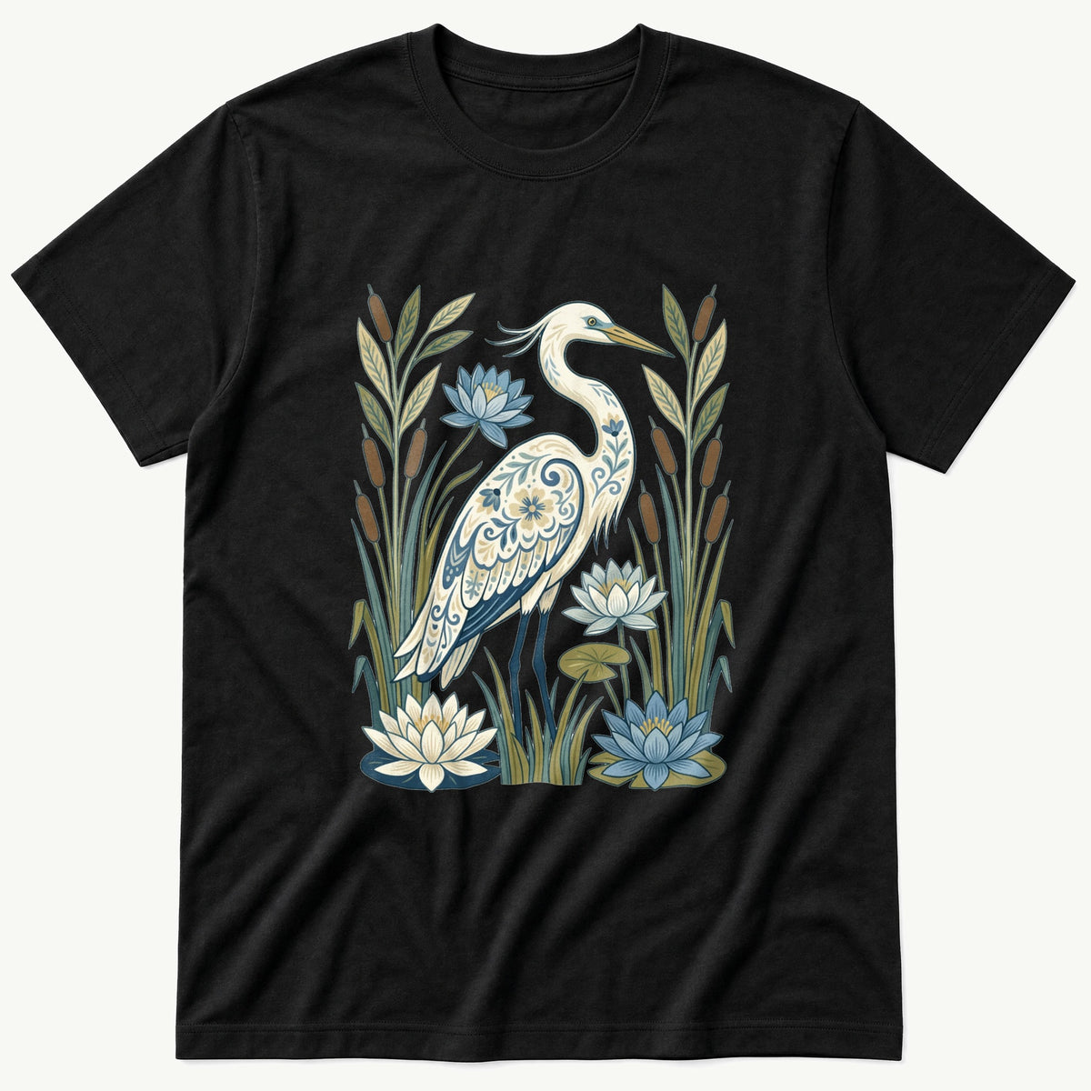 Folk Style Crane — Black T-Shirt