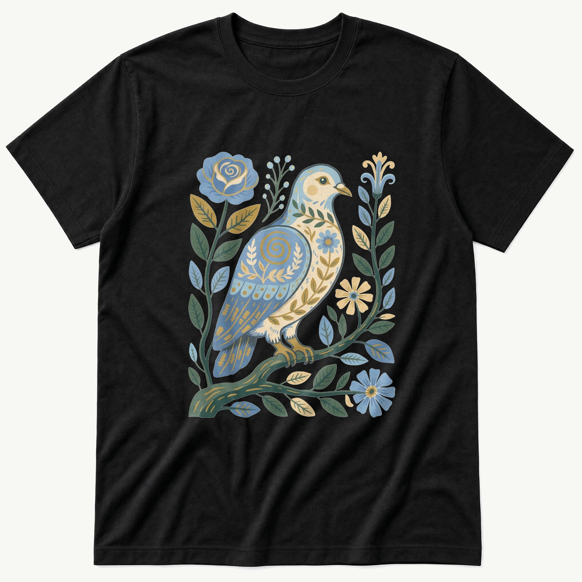 Folk Style Dove — Black T-Shirt