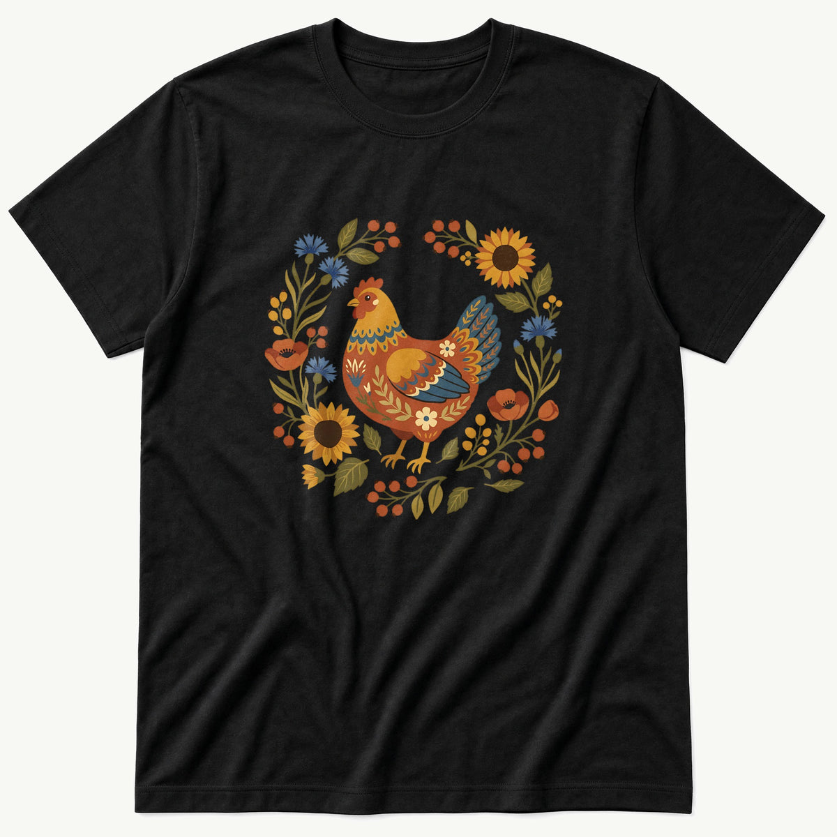 Folk Style Hen — Black T-Shirt