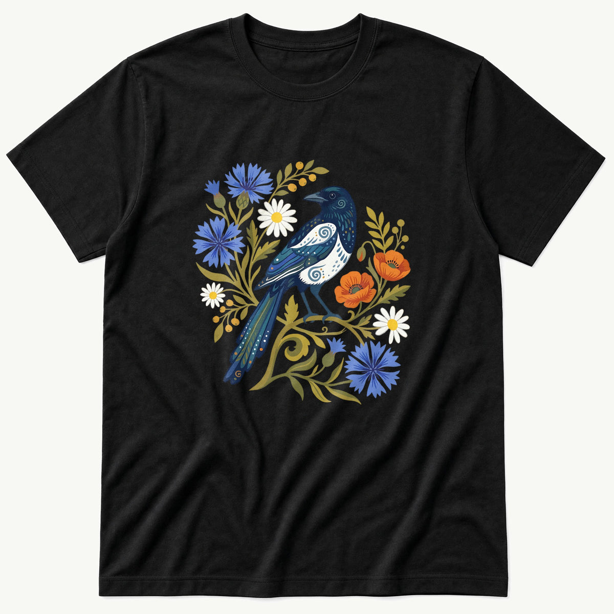 Folk Style MagPie — Black T-Shirt