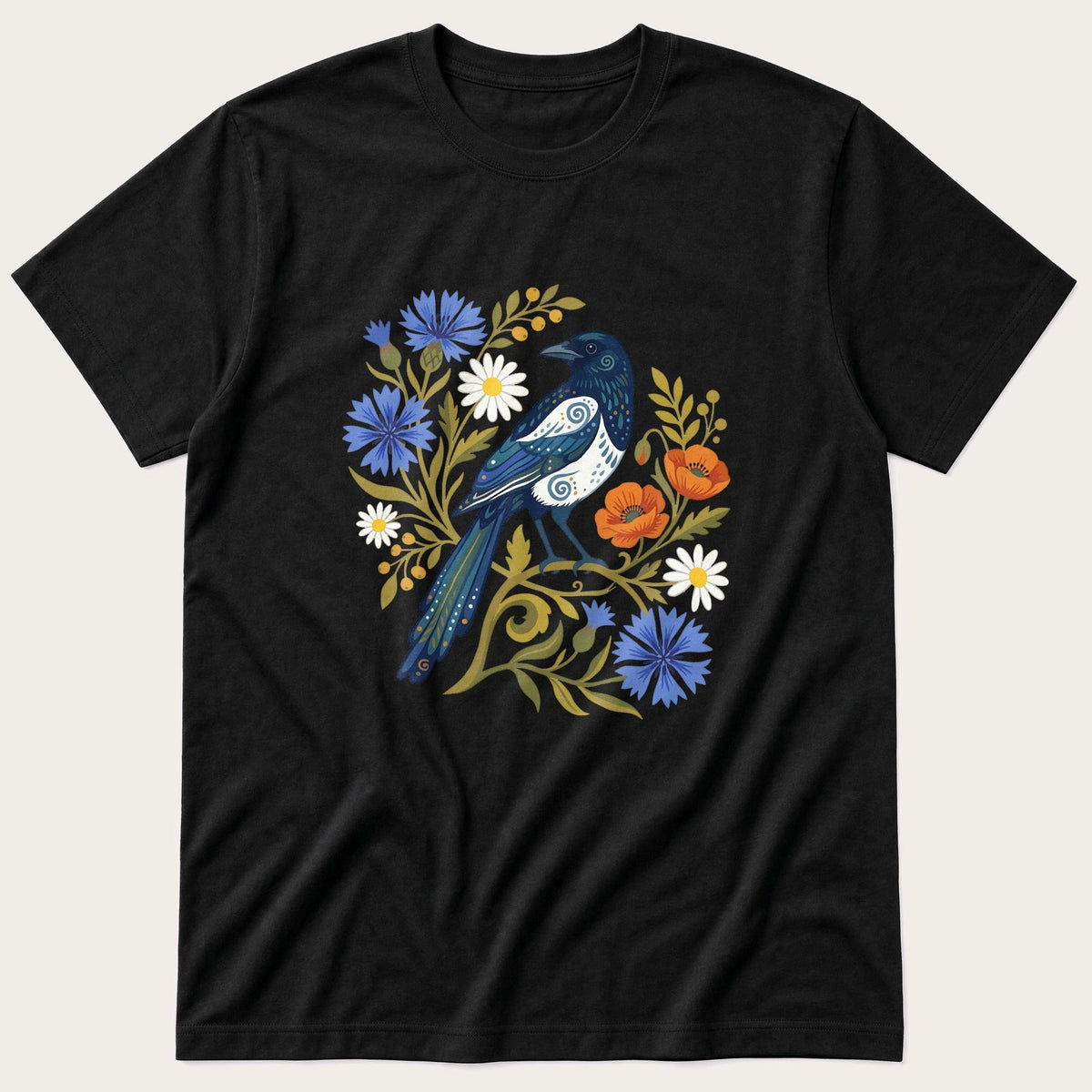 Folk Style MagPie — Black T-Shirt