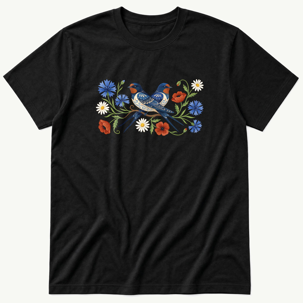 Folk Style Pair Of Swallows — Black T-Shirt