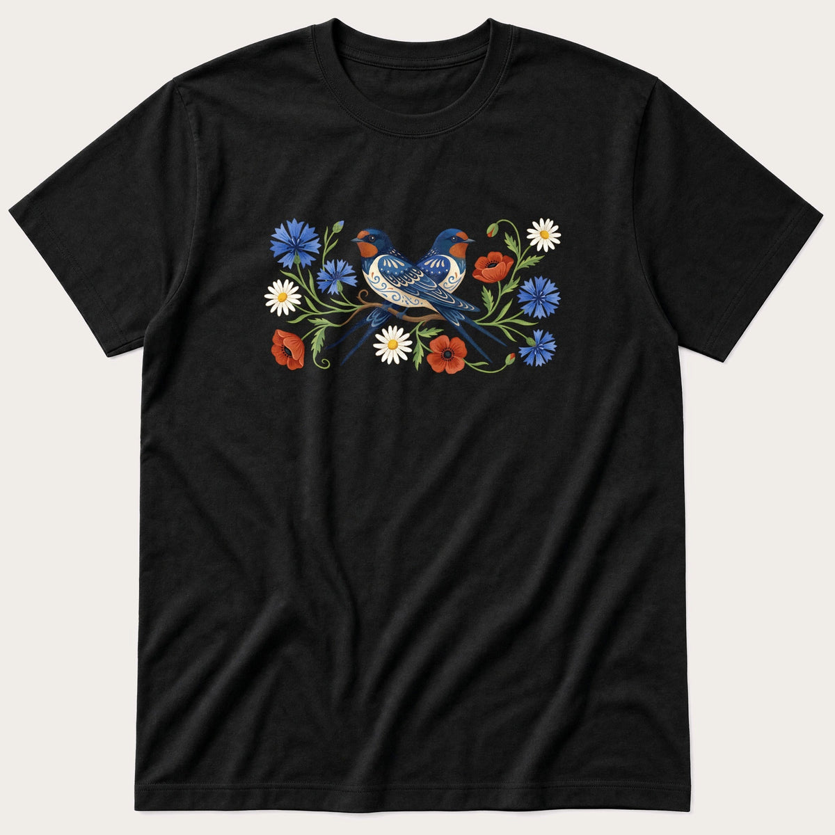 Folk Style Pair Of Swallows — Black T-Shirt
