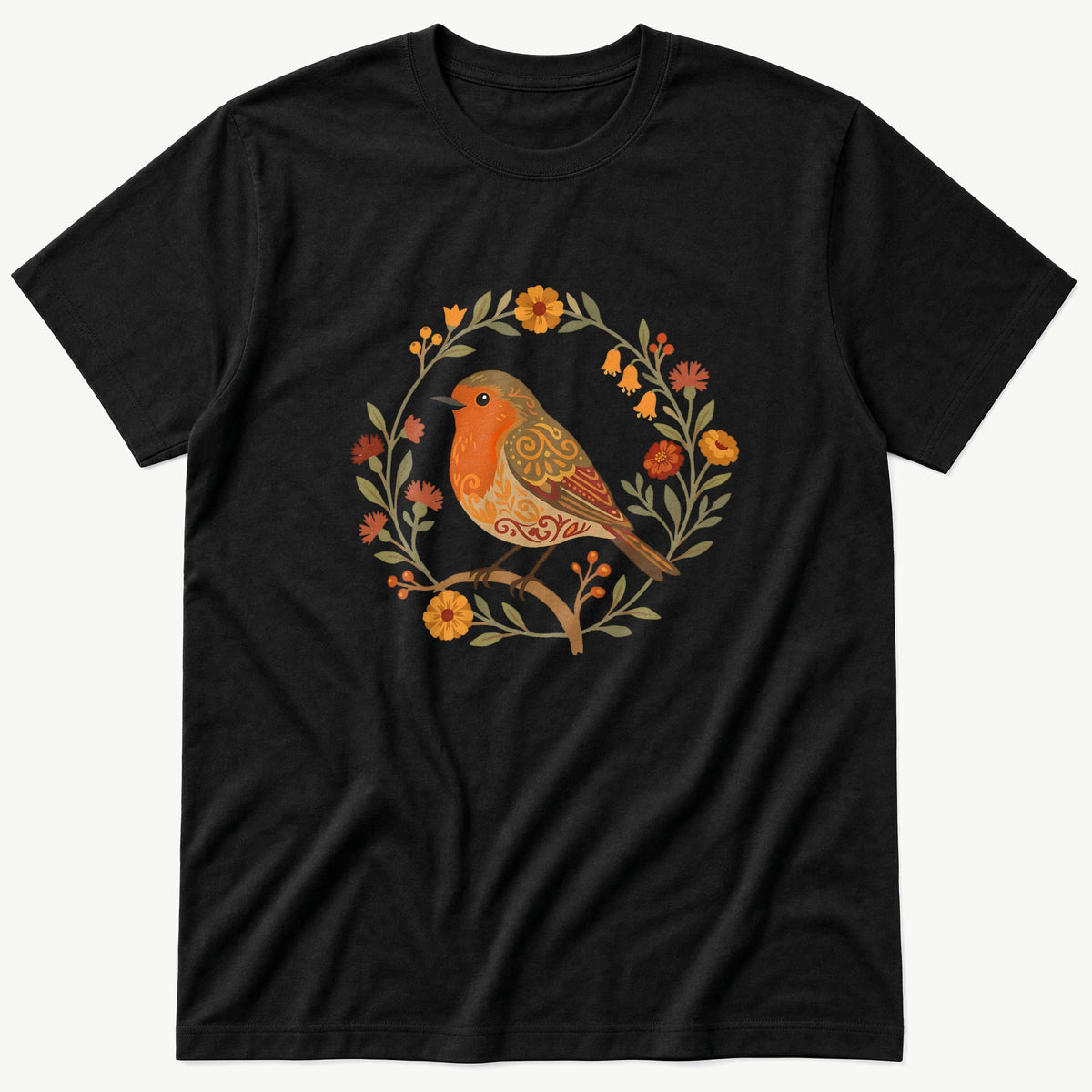 Folk Style Robin V2 — Black T-Shirt