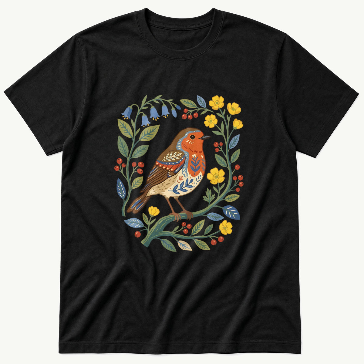 Folk Style Robin — Black T-Shirt