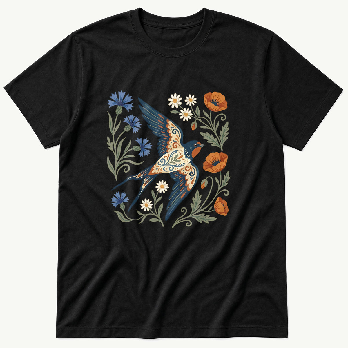 Folk Style Swallow — Black T-Shirt