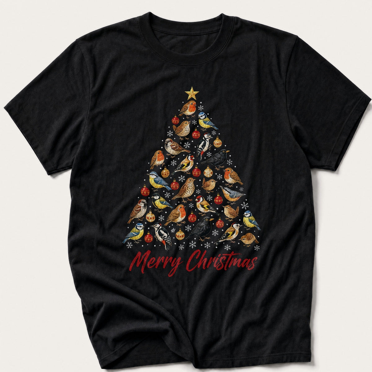 Garden Bird Christmas Tree — Black T-Shirt
