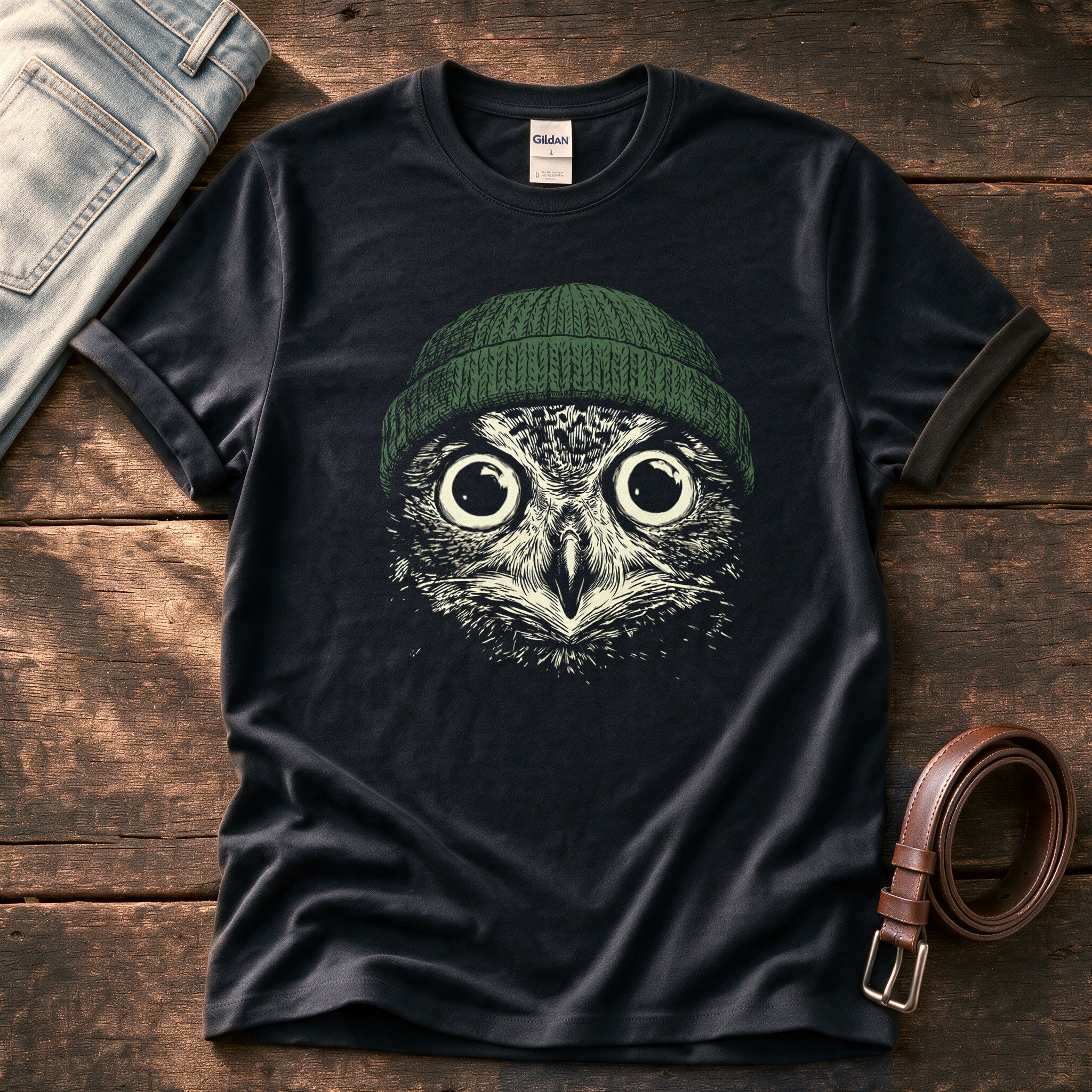 Green Beanie Owl — Black Comfort Colors tee