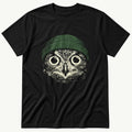 Green Beanie Owl — Black T-Shirt
