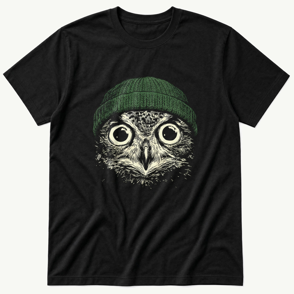 Green Beanie Owl — Black T-Shirt