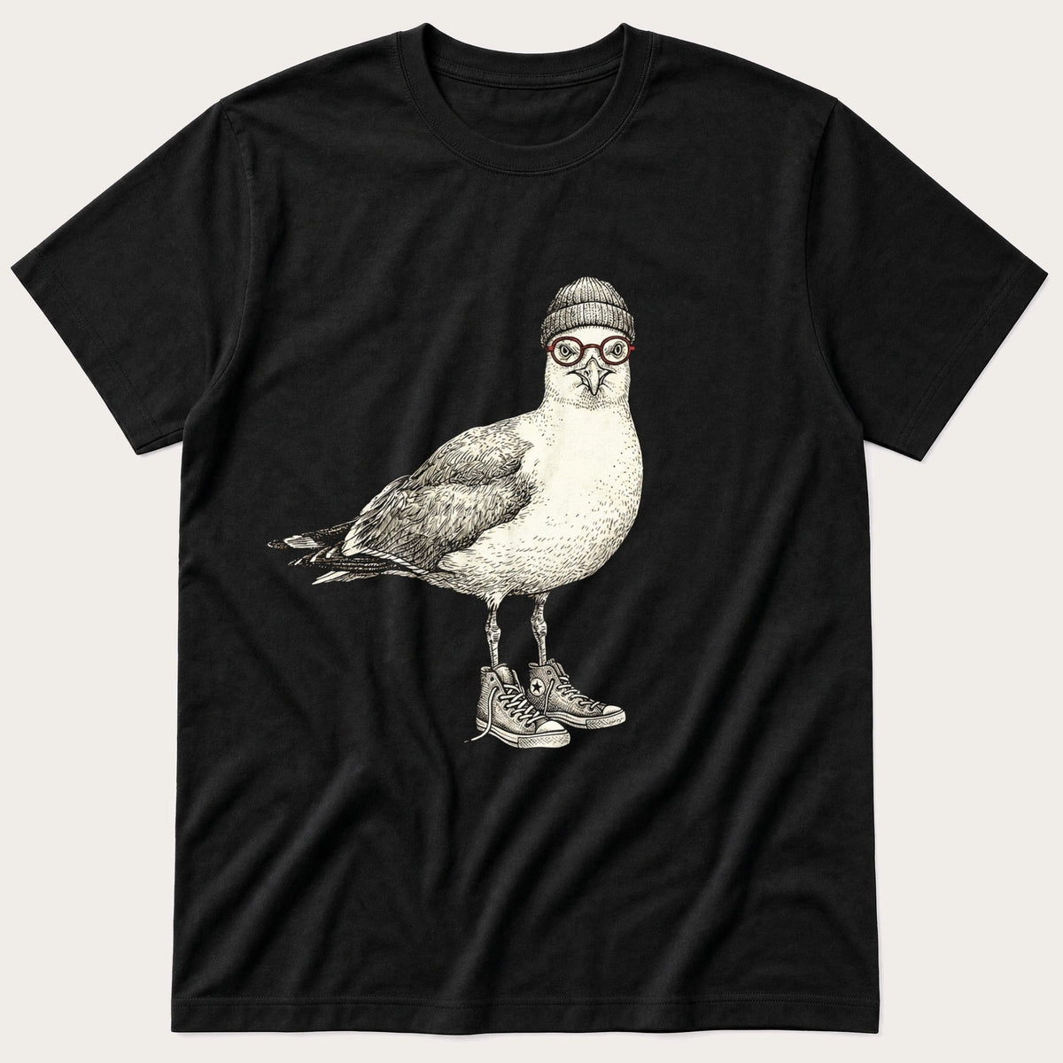 Hipster Seagull — Black T-Shirt