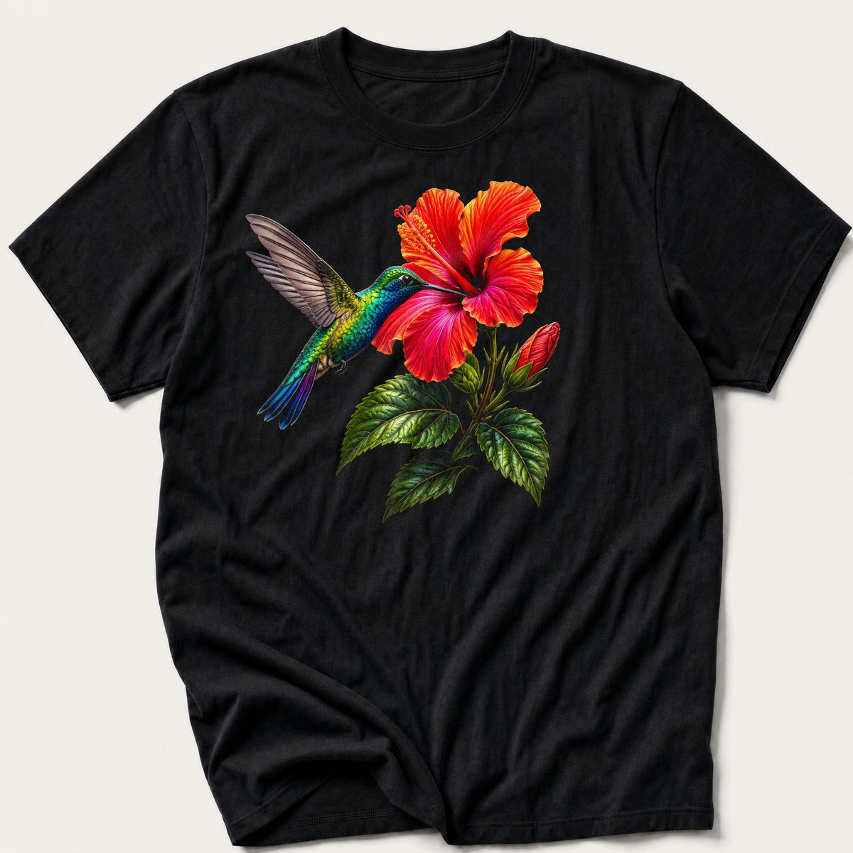 Hummingbird And Hibiscus — Black T-Shirt
