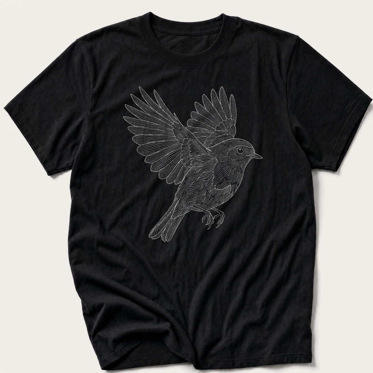 Line Art Robin — Black T-Shirt