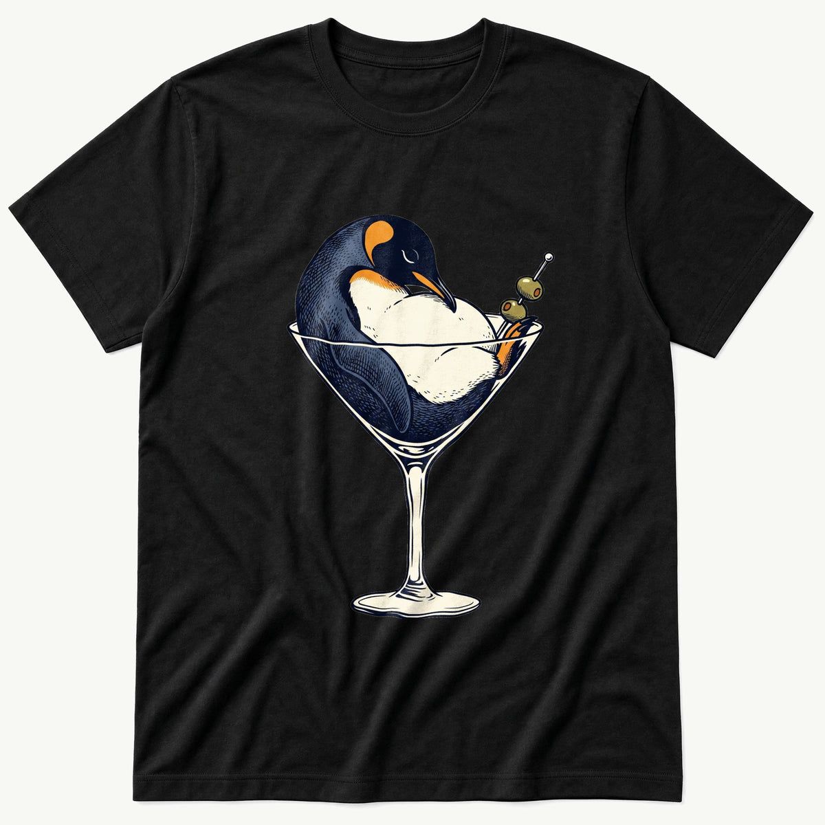 Martini Penguin — Black T-Shirt