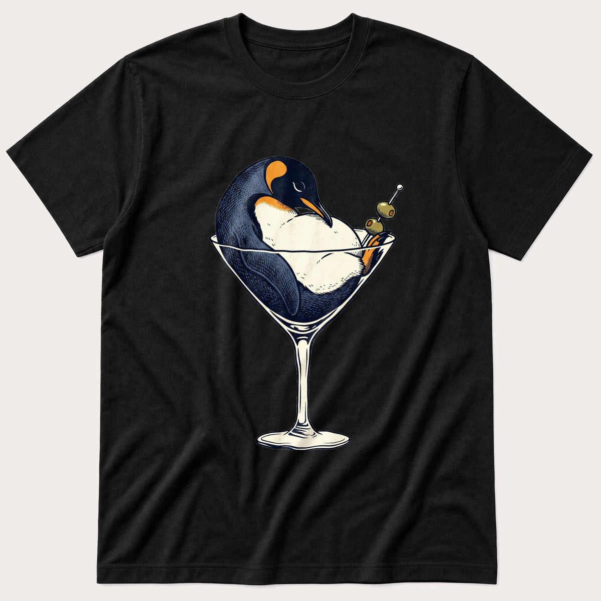Martini Penguin — Black T-Shirt