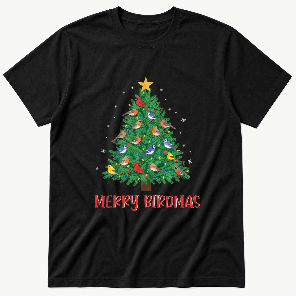 Merry Birdmas Tree — Black T-Shirt