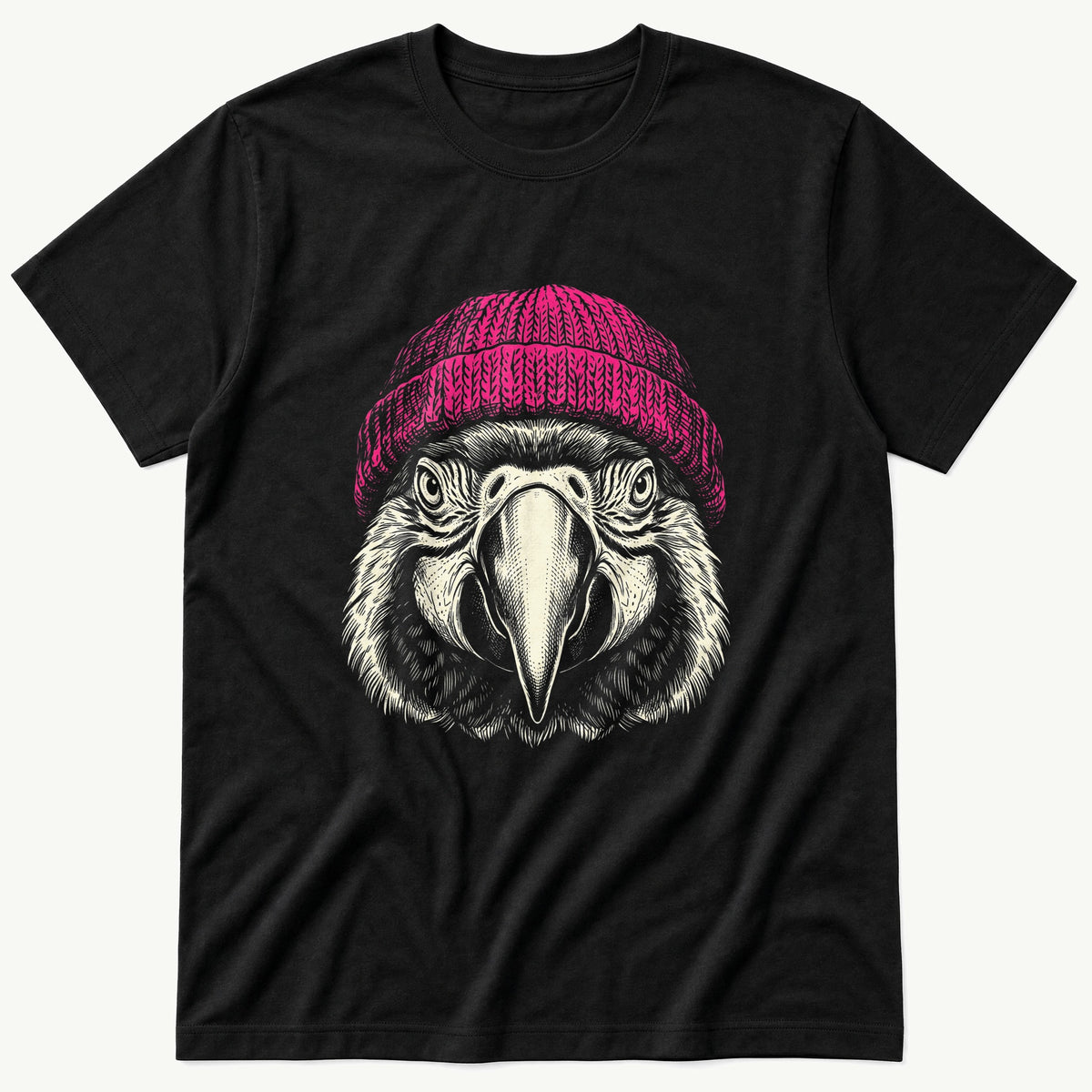 Parrot Wearing Beanie — Black T-Shirt