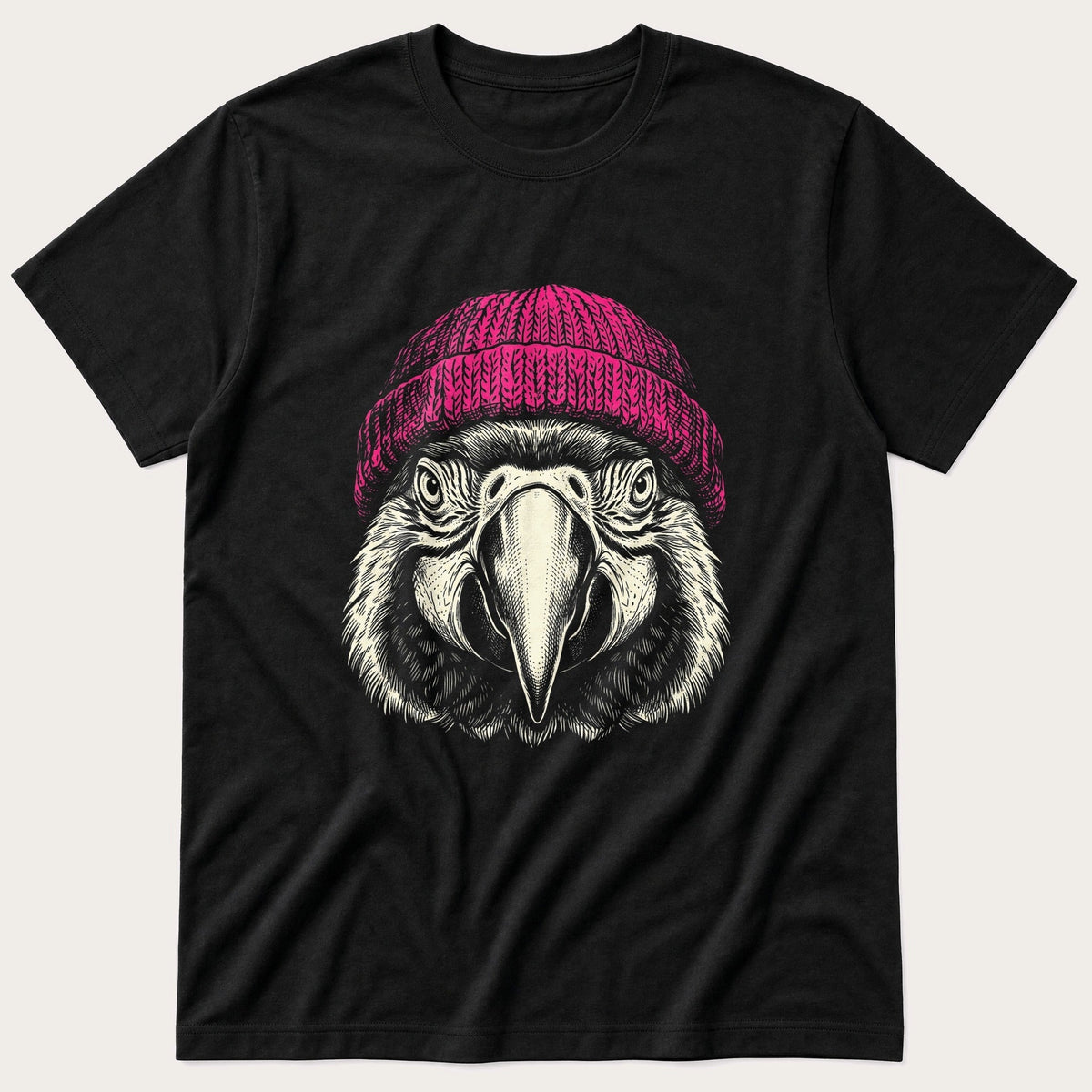 Parrot Wearing Beanie — Black T-Shirt