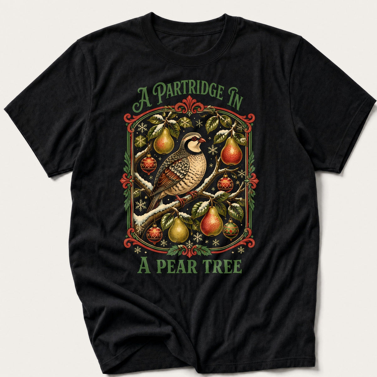 Partridge In A Pear Tree Framed — Black T-Shirt