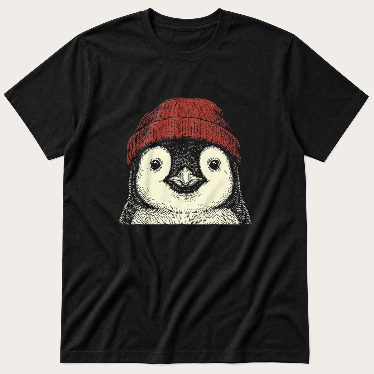 Penguin Beanie 4 — Black T-Shirt