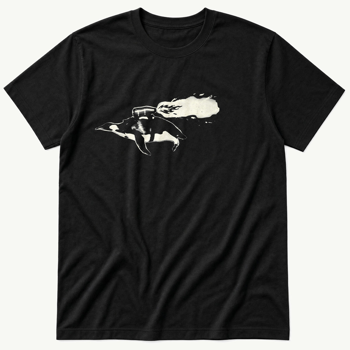 Penguin Rocket 44 — Black T-Shirt