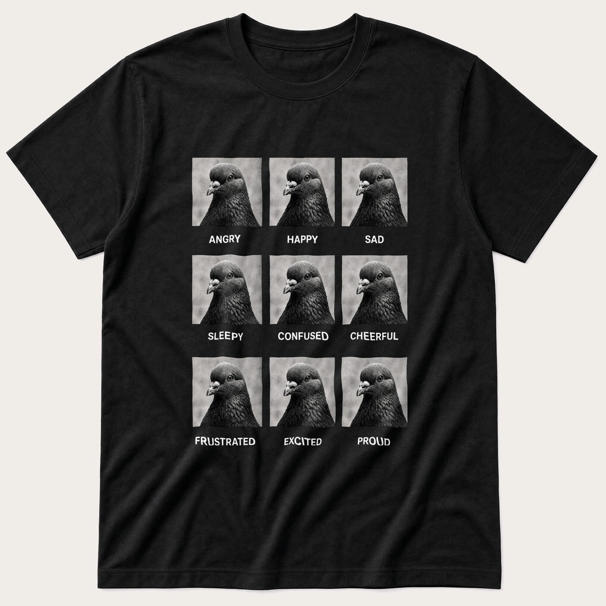 Pigeon Emotions — Black T-Shirt