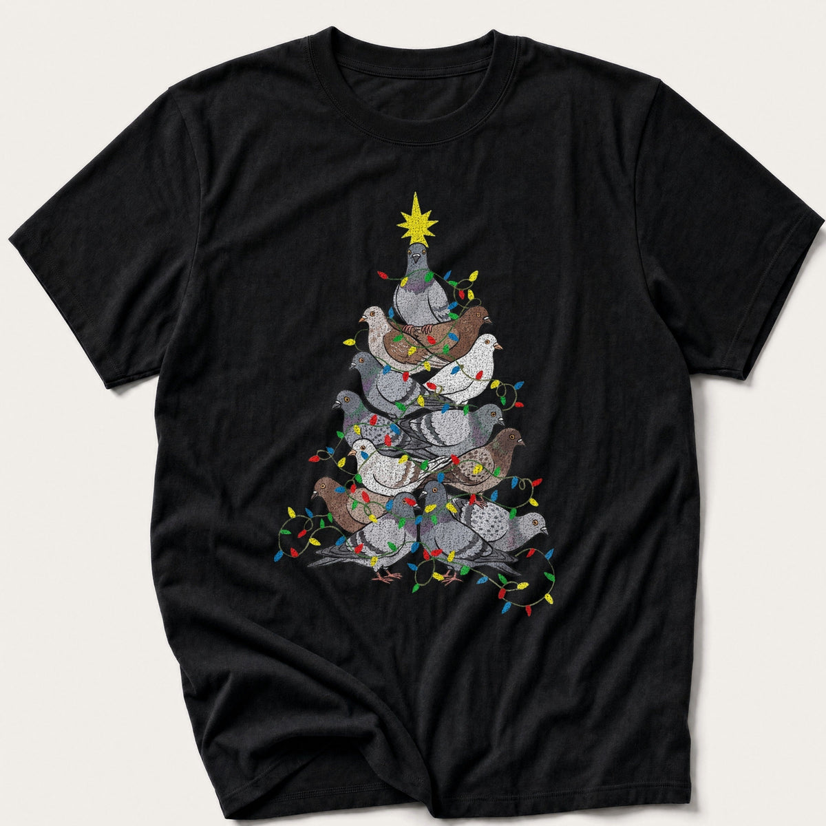 Pigeon Pile Christmas Tree — Black T-Shirt
