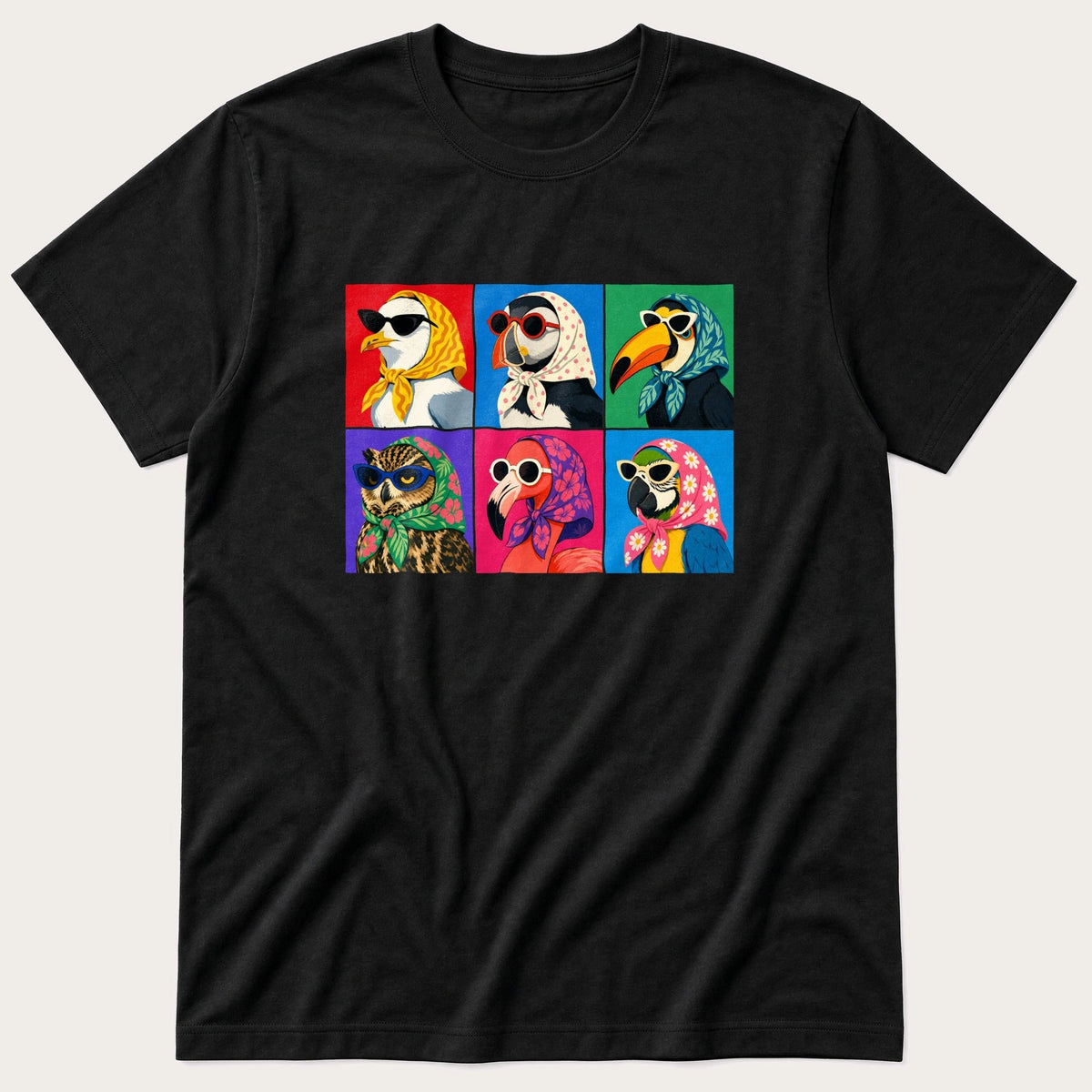 Pop Art Birds 4 — Black T-Shirt