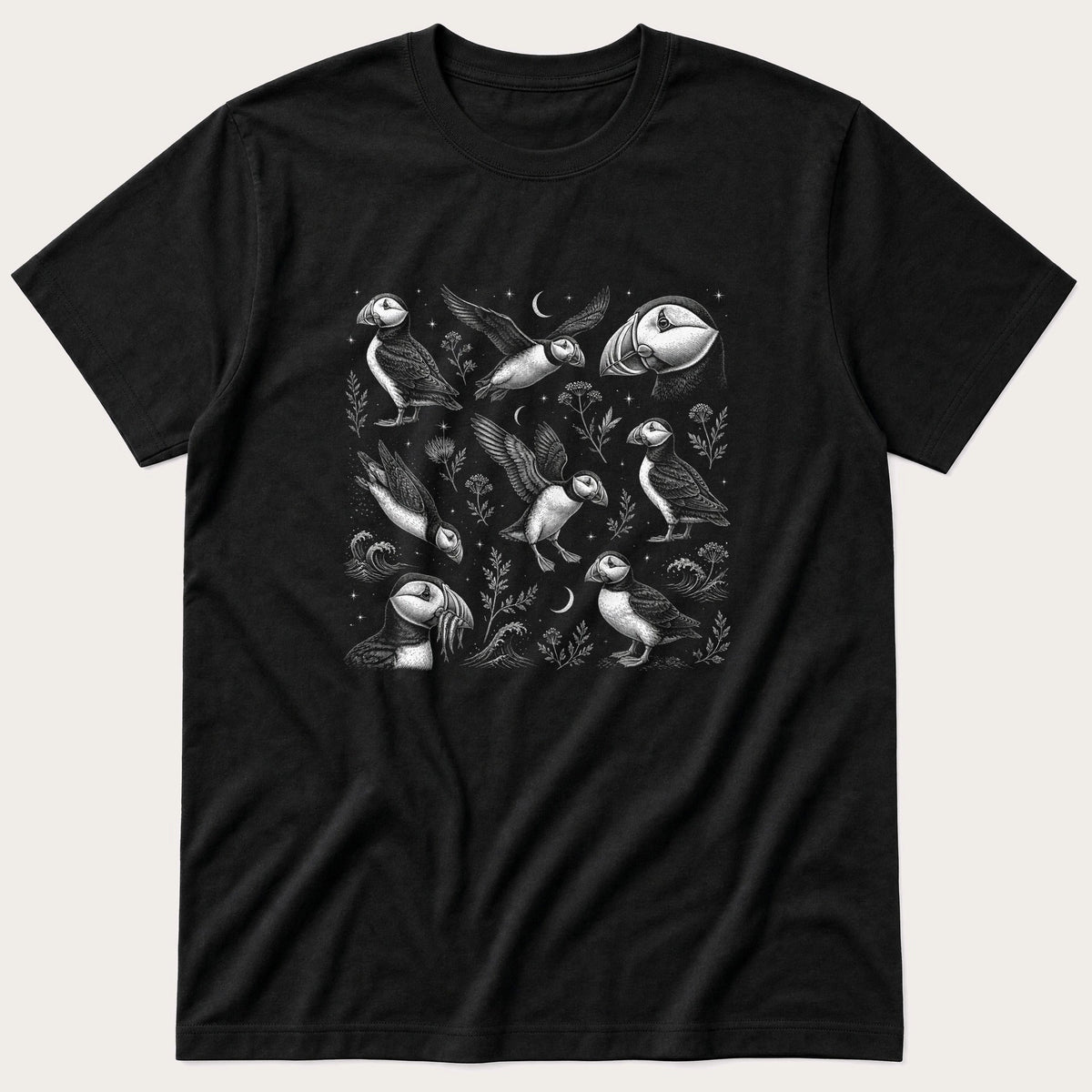 Puffin Allover Pattern - Fine Etching — Black T-Shirt