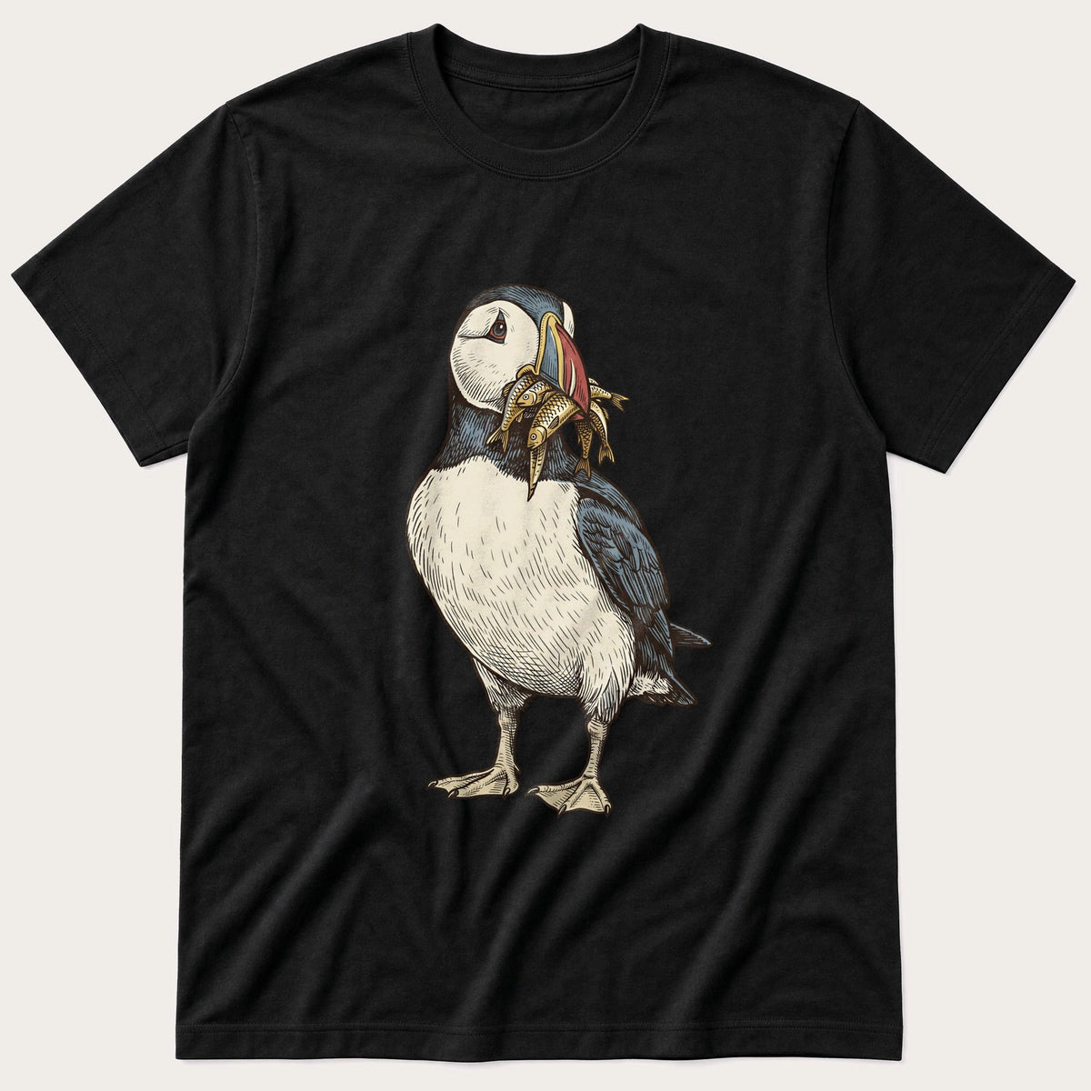 Puffin And Fish 12 — Black T-Shirt