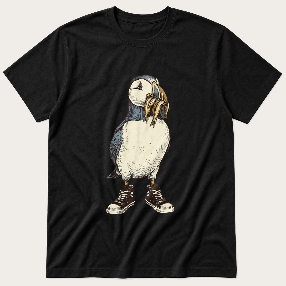 Puffin And Fish 77 — Black T-Shirt
