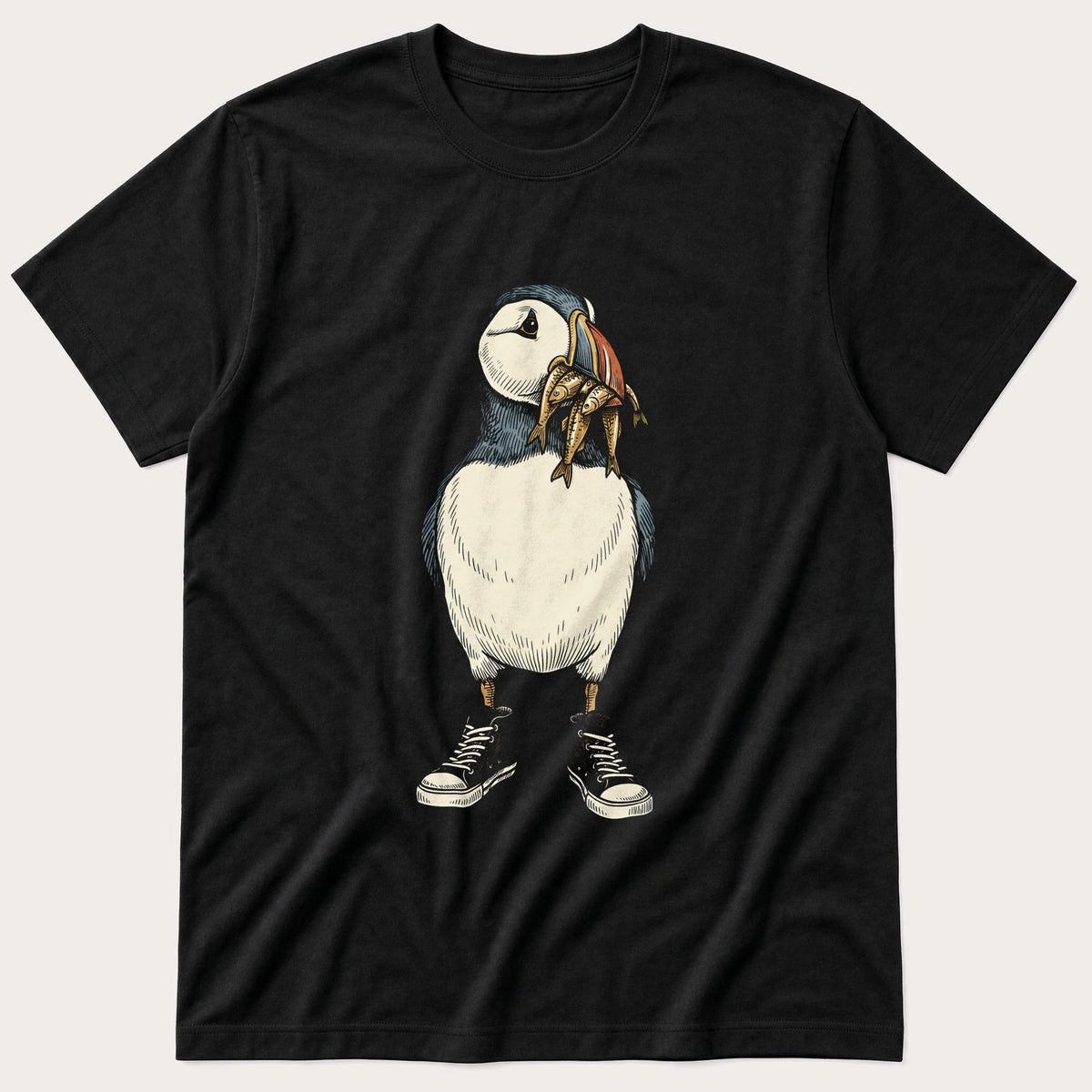 Puffin And Fish 98 — Black T-Shirt