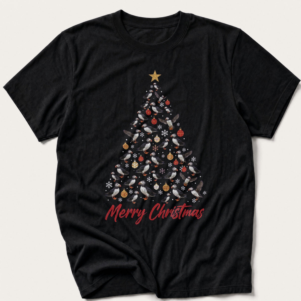 Puffin Christmas Tree — Black T-Shirt